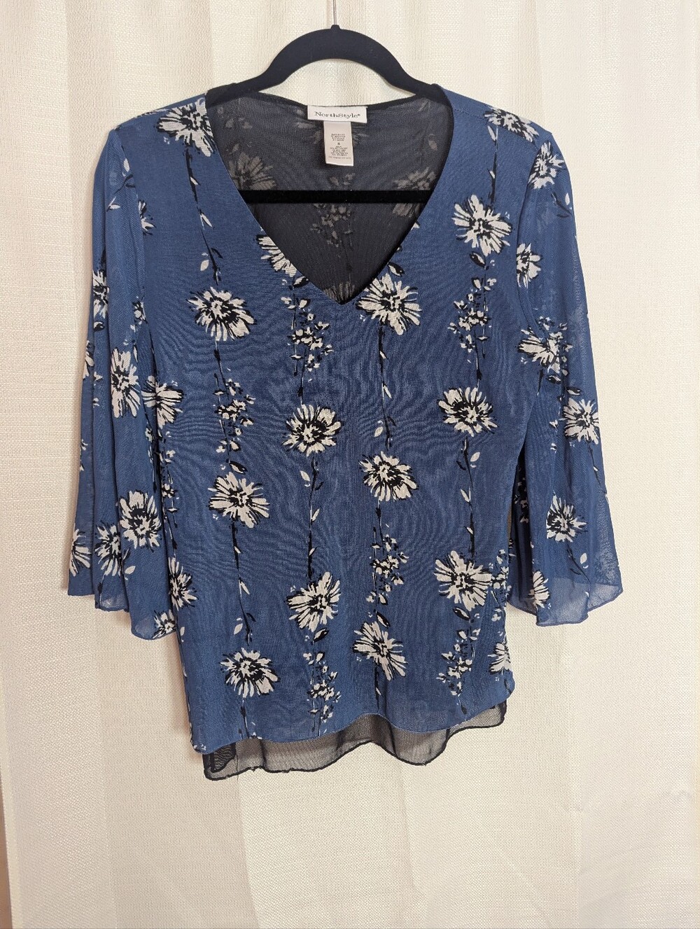 NorthStyle Blue Floral V-Neck Sheer Blouse